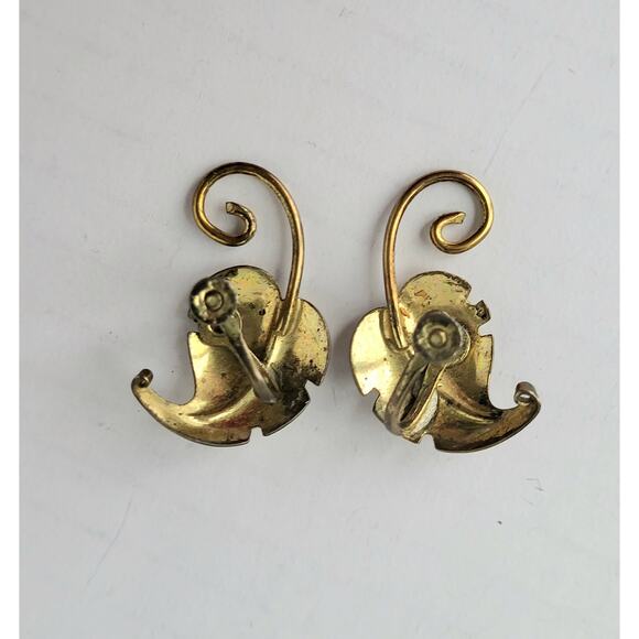 Antique Sterling Leaf Earrings Gold Plate Screw On 1940s - Picture 5 of 7